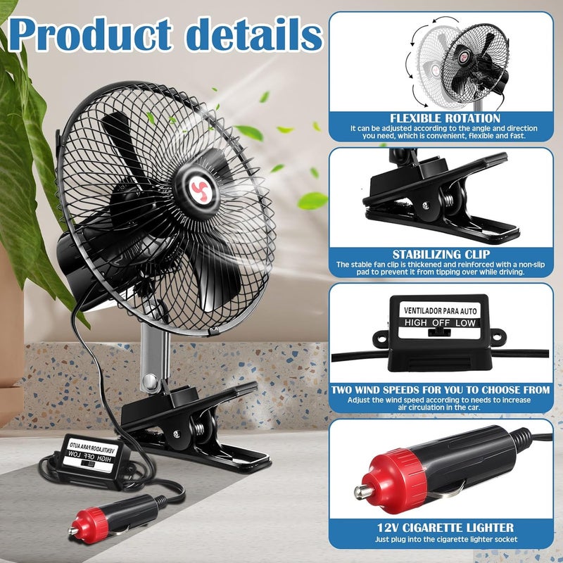 Tujoe 2 Pcs Portable Car Fan with Car Cigarette Lighter Electric Cooling 12 Volt Oscillating Fan 12 Volt Fan Automobile Vehicle 360 Degree Swivel Fan with Clip for Car Truck Supplies, Black (10 Inch) - Image 3